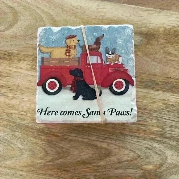 Christmas Tree Shoppe - Stone Holiday Coasters - Here Come Santa Paws - Set of 4 - Picture 2 of 2